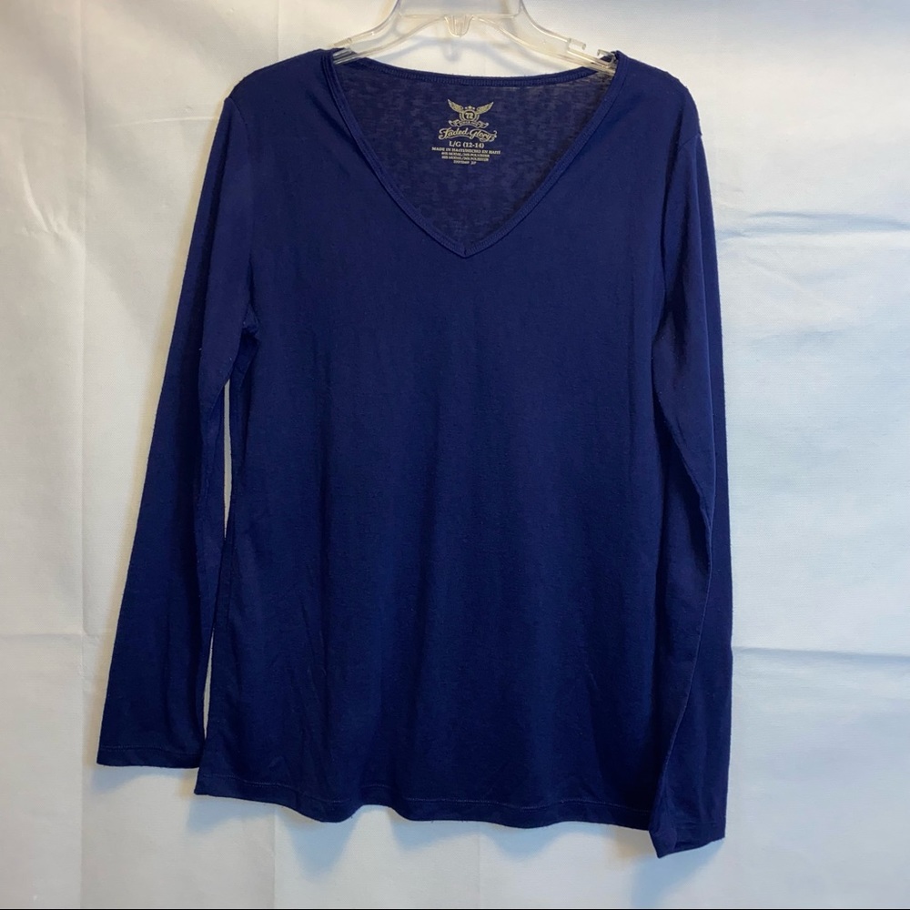 Faded Glory Long Sleeve V-Neck Top - Navy Blue - Large (12-14)
